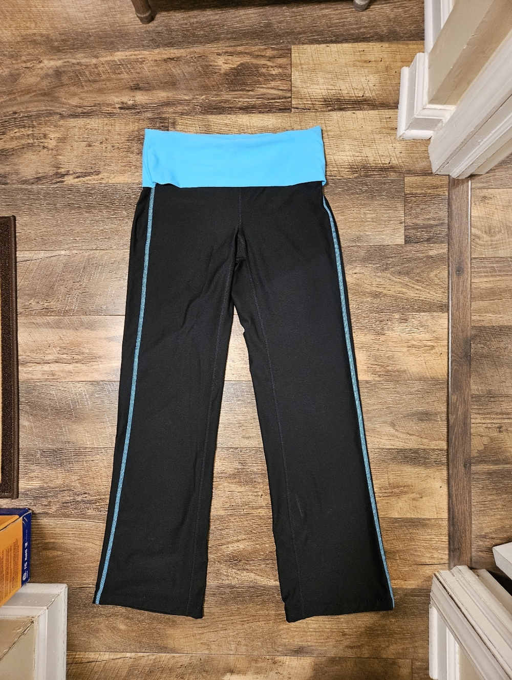 Xersion Black Athletic Pants with Bright Blue Foldover Waist and Side Stripes